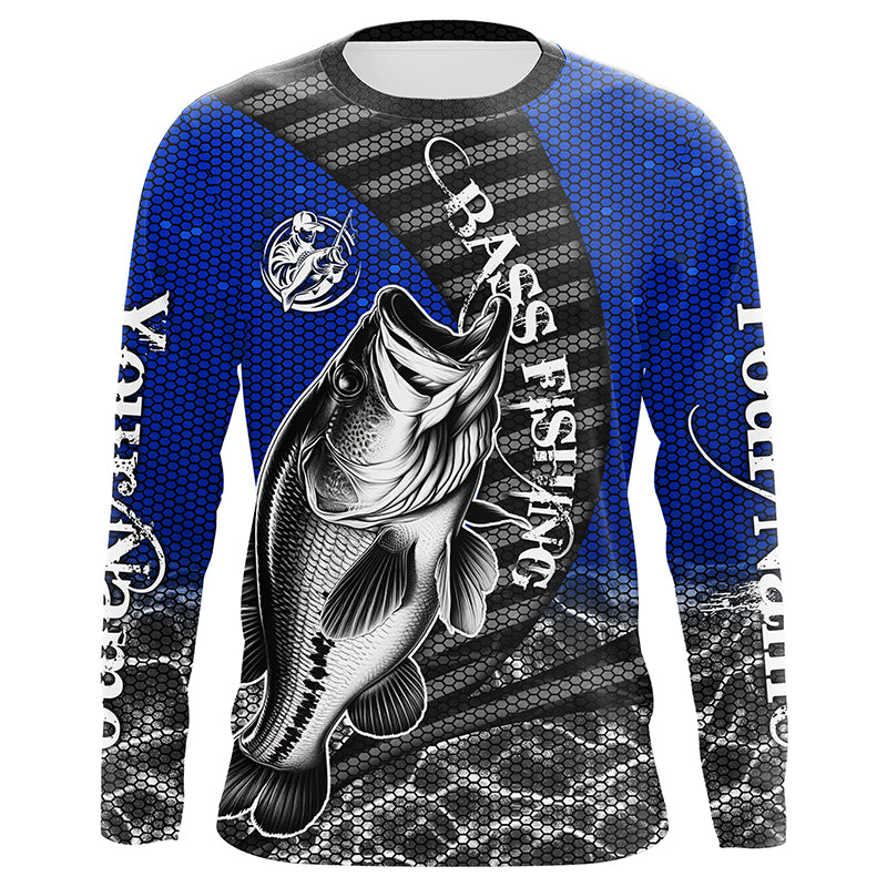 Custom Largemouth Bass Long Sleeve Tournament Fishing Shirts, Bass Fishing Jerseys | Blue IPHW5758