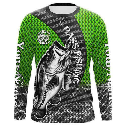 Custom Largemouth Bass Long Sleeve Tournament Fishing Shirts, Bass Fishing Jerseys | Green IPHW5760