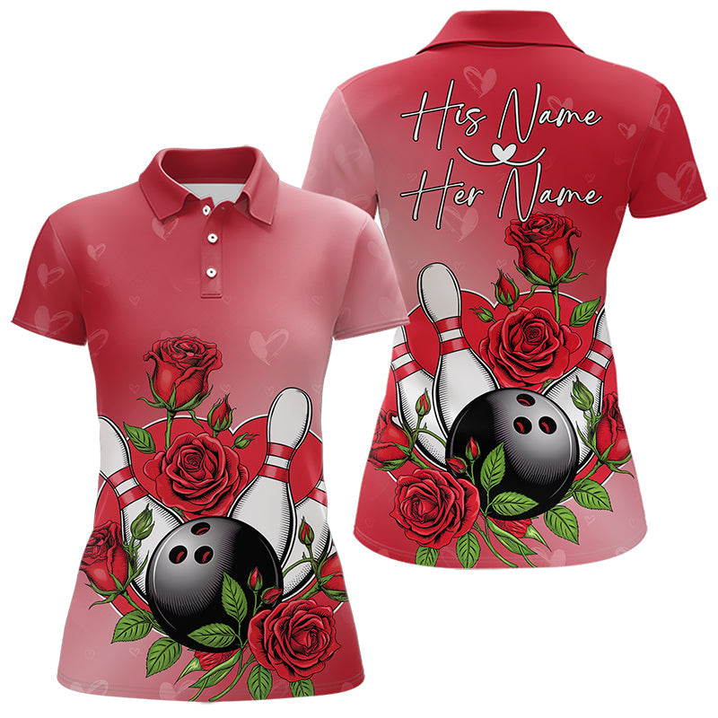 Custom Valentine Bowling Polo Shirts For Women, Bowling And Red Roses Couple Bowling Outfit IPHW8350