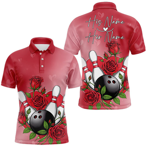 Custom Valentine Bowling Polo Shirts For Men, Bowling And Red Roses Couple Bowling Outfits IPHW8350
