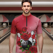 Load image into Gallery viewer, Custom Valentine Bowling Quarter-Zip Shirts For Men, Bowling And Red Roses Couple Bowling Outfits IPHW8350