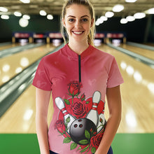 Load image into Gallery viewer, Custom Valentine Bowling Quarter-Zip Shirts For Women, Bowling And Red Roses Couple Outfits IPHW8350