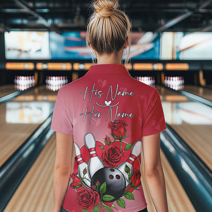 Custom Valentine Bowling Quarter-Zip Shirts For Women, Bowling And Red Roses Couple Outfits IPHW8350