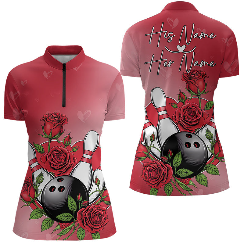 Custom Valentine Bowling Quarter-Zip Shirts For Women, Bowling And Red Roses Couple Outfits IPHW8350