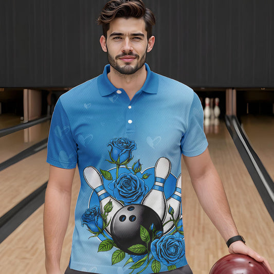 Custom Blue Valentine Bowling Polo Shirts For Men, Bowling And Roses Couple Bowling Outfits IPHW8351