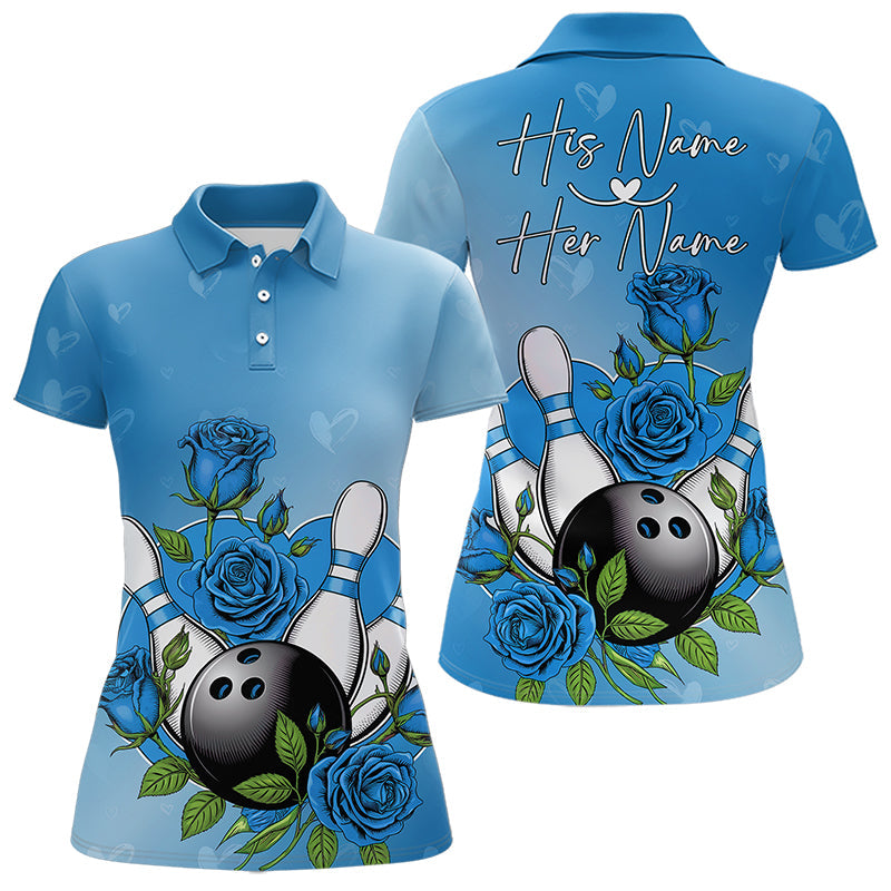 Custom Blue Valentine Bowling Polo Shirt For Women, Bowling And Roses Couple Bowling Outfit IPHW8351