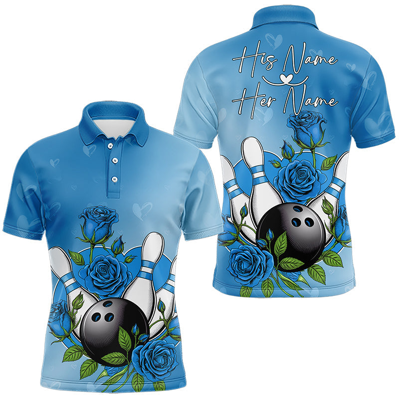 Custom Blue Valentine Bowling Polo Shirts For Men, Bowling And Roses Couple Bowling Outfits IPHW8351