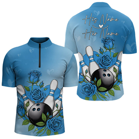 Custom Blue Valentine Bowling Quarter-Zip Shirts For Men, Bowling And Roses Couple Bowling Outfits IPHW8351