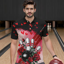 Load image into Gallery viewer, Custom Black And Red Heart Theme Valentine Bowling Polo Shirts For Men, Couple Bowling Shirt IPHW8353