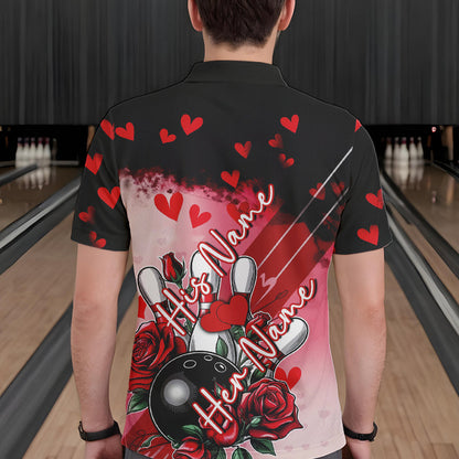 Custom Black And Red Heart Theme Valentine Bowling Polo Shirts For Men, Couple Bowling Shirt IPHW8353