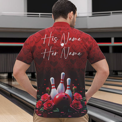 Red Heart Theme Custom Valentines Bowling Quarter-Zip Shirt For Men, Couple Bowling Outfits IPHW8357