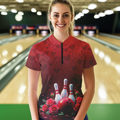Red Heart Theme Custom Valentines Bowling Quarter-Zip Shirt For Women, Couple Bowling IPHW8357