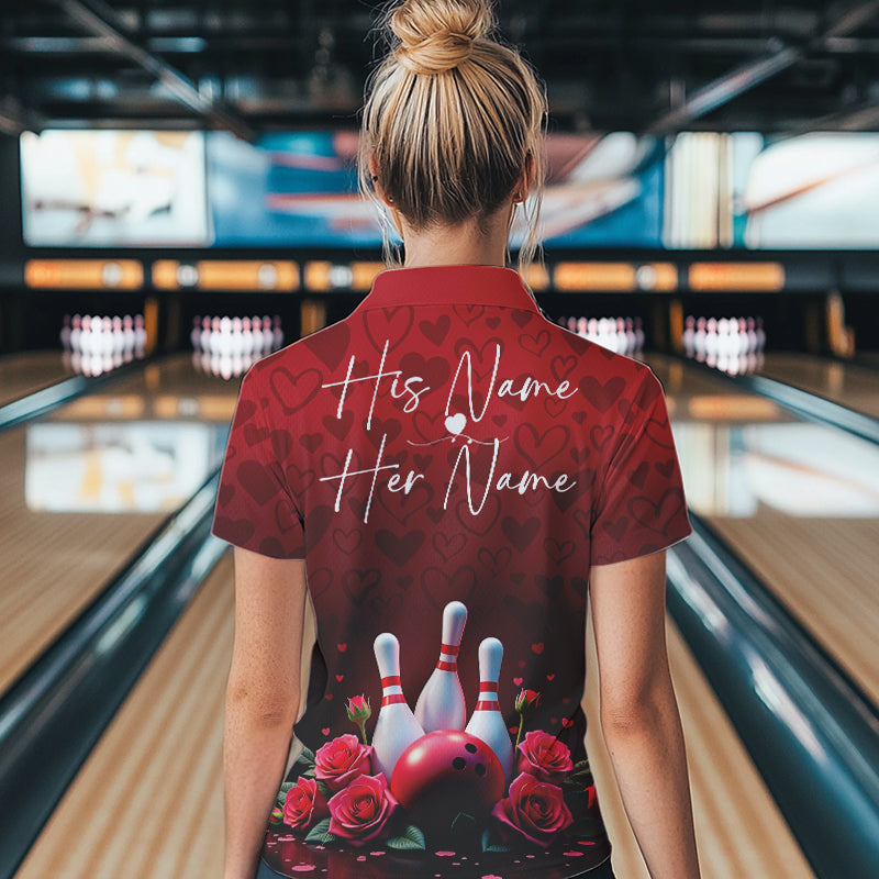 Red Heart Theme Custom Valentines Bowling Quarter-Zip Shirt For Women, Couple Bowling IPHW8357