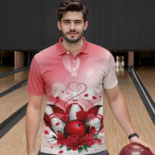 Load image into Gallery viewer, Bowling And Red Roses Custom Valentine Bowling Polo Shirts For Men Bowling Couple Outfits IPHW8358