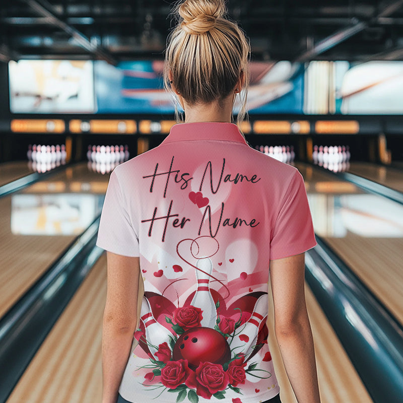 Bowling And Red Roses Custom Valentine Bowling Polo Shirts For Women Bowling Couple Outfits IPHW8358