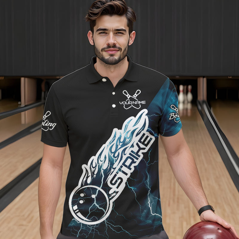 Custom Black And Blue Thunder Lightning Strike Bowling Polo Shirts For Men Team Shirt IPHW8532