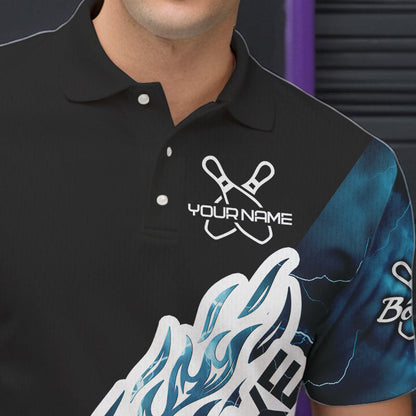 Custom Black And Blue Thunder Lightning Strike Bowling Polo Shirts For Men Team Shirt IPHW8532