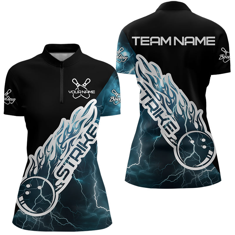Custom Black And Blue Thunder Lightning Strike Bowling Womens Quarter-Zip Shirts Team Shirt IPHW8532