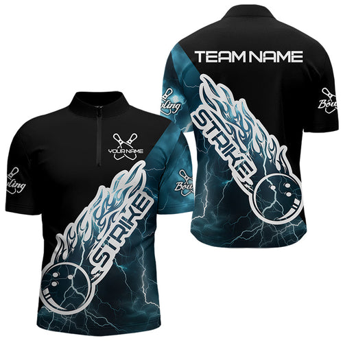 Custom Black And Blue Thunder Lightning Strike Bowling Quarter-Zip Shirts For Men Team Shirt IPHW8532