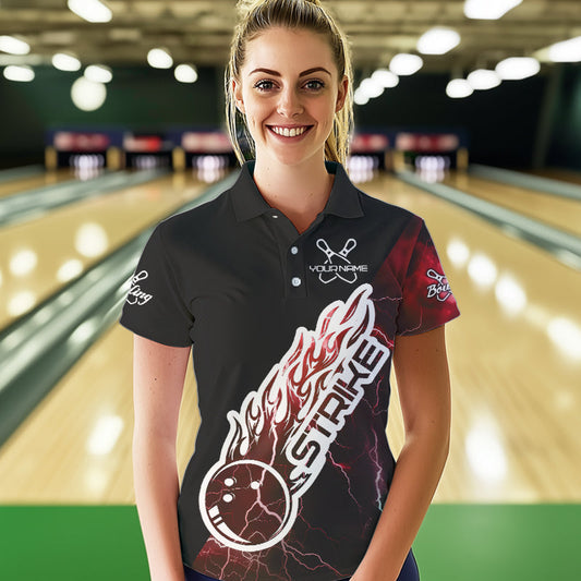 Custom Black And Red Thunder Lightning Strike Bowling Polo Shirts For Women Team Shirt IPHW8533
