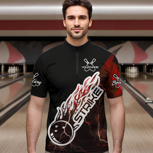 Custom Black And Red Thunder Lightning Strike Bowling Quarter-Zip Shirts For Men Team Shirt IPHW8533