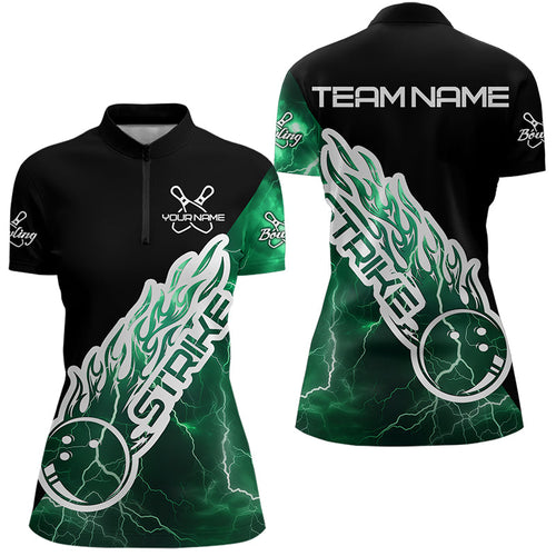 Custom Black And Green Thunder Lightning Strike Bowling Womens Quarter-Zip Team Shirt IPHW8534