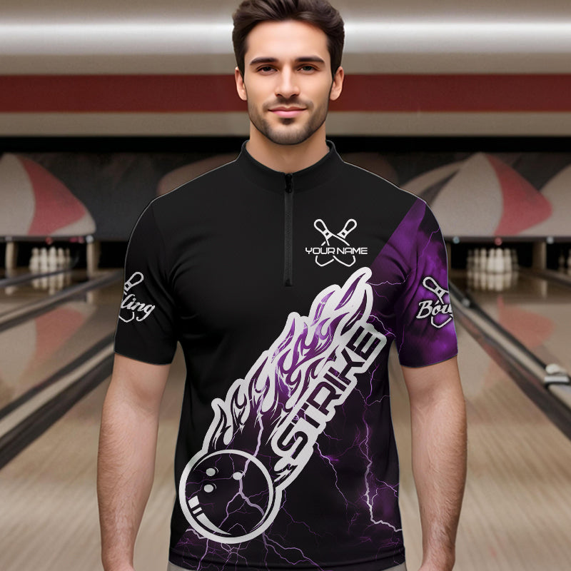 Custom Black And Purple Thunder Lightning Strike Bowling Quarter-Zip Shirts For Men Team Shirt IPHW8535
