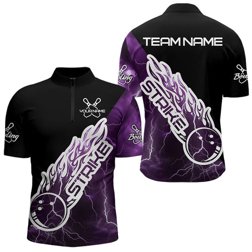 Custom Black And Purple Thunder Lightning Strike Bowling Quarter-Zip Shirts For Men Team Shirt IPHW8535