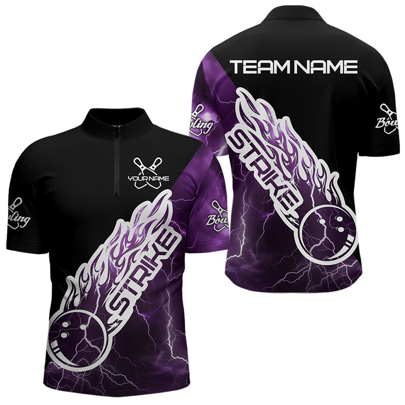 Custom Black And Purple Thunder Lightning Strike Bowling Quarter-Zip Shirts For Men Team Shirt IPHW8535