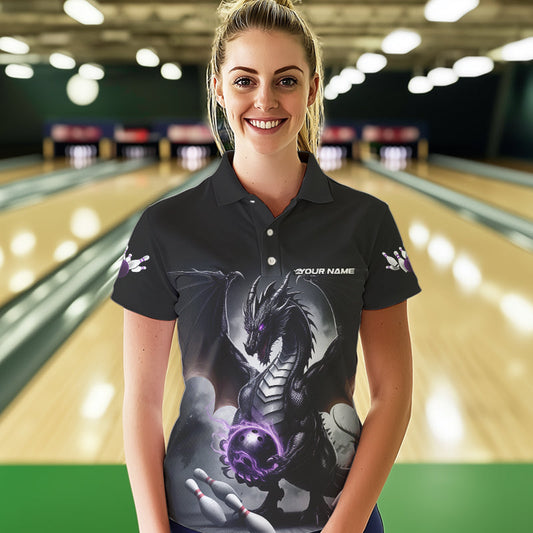 Custom Black And Purple Dragon Bowling Team Polo Shirts For Women, Dragon Bowling Jerseys IPHW8546