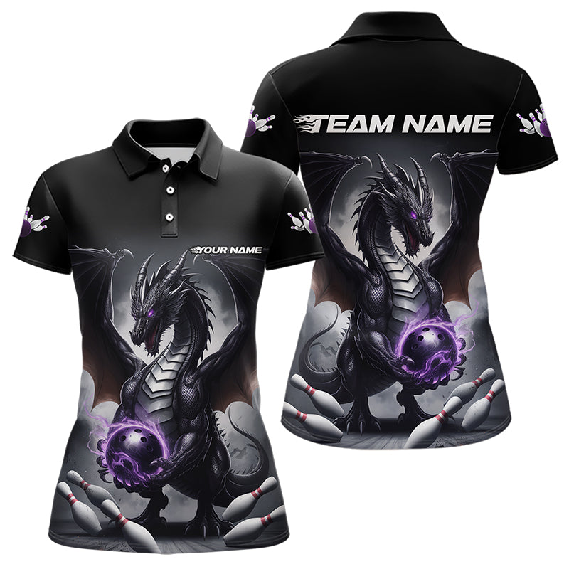 Custom Black And Purple Dragon Bowling Team Polo Shirts For Women, Dragon Bowling Jerseys IPHW8546