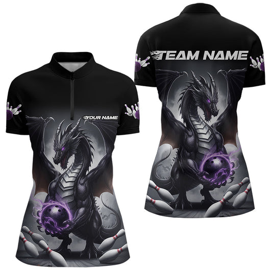 Custom Black And Purple Dragon Bowling Team Womens Quarter-Zip Shirt, Dragon Bowling Jersey IPHW8546