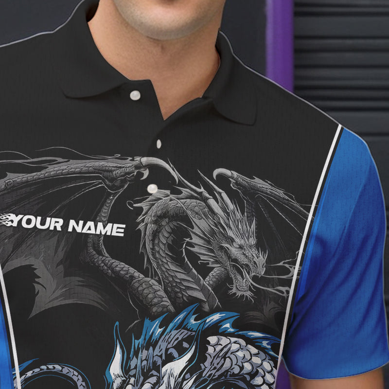 Custom Black And Blue Dragon Bowling Polo Shirts For Men, Dragon Bowling Tournament Uniform IPHW8552