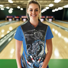Load image into Gallery viewer, Custom Black And Blue Dragon Bowling Polo Shirts For Women, Bowling Tournament Uniform IPHW8552