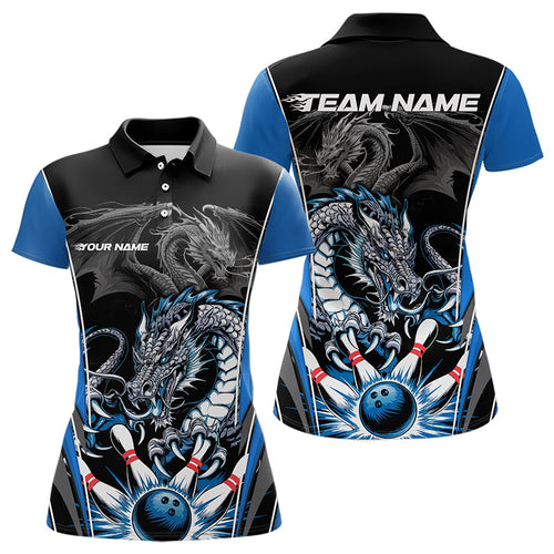 Custom Black And Blue Dragon Bowling Polo Shirts For Women, Bowling Tournament Uniform IPHW8552