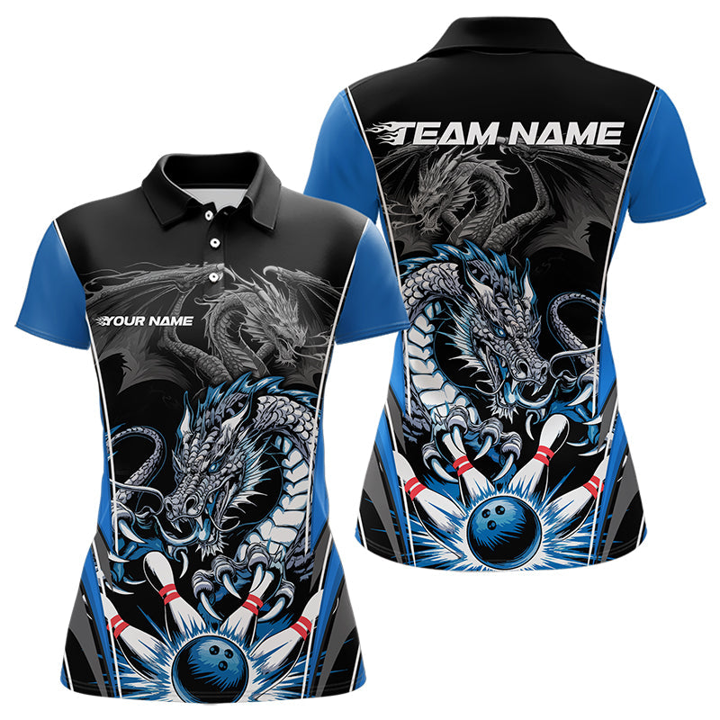 Custom Black And Blue Dragon Bowling Polo Shirts For Women, Bowling Tournament Uniform IPHW8552
