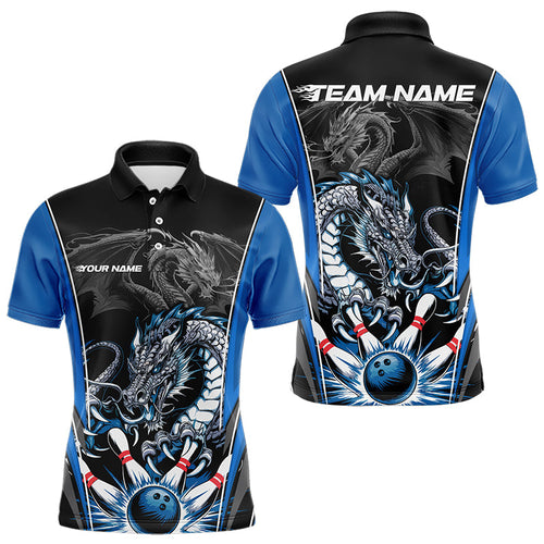 Custom Black And Blue Dragon Bowling Polo Shirts For Men, Dragon Bowling Tournament Uniform IPHW8552