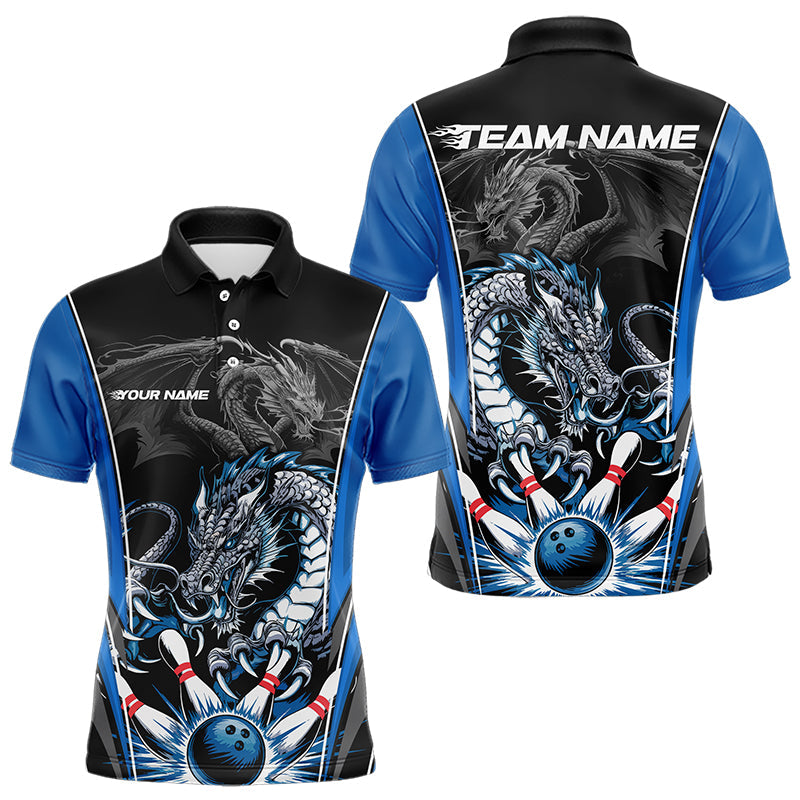 Custom Black And Blue Dragon Bowling Polo Shirts For Men, Dragon Bowling Tournament Uniform IPHW8552