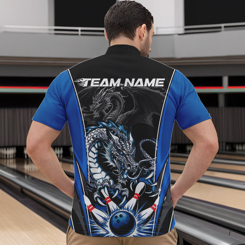 Custom Black And Blue Dragon Bowling Quarter-Zip Shirts For Men, Dragon Bowling Tournament Uniform IPHW8552