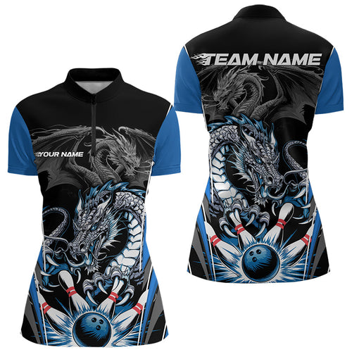 Custom Black And Blue Dragon Bowling Womens Quarter-Zip Shirts, Bowling Tournament Uniform IPHW8552