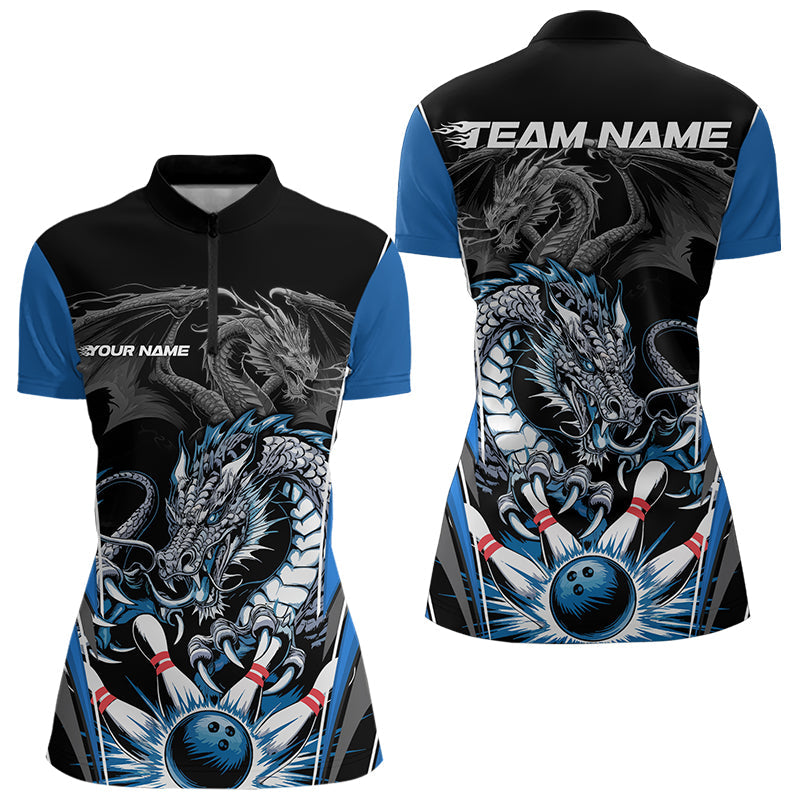 Custom Black And Blue Dragon Bowling Womens Quarter-Zip Shirts, Bowling Tournament Uniform IPHW8552