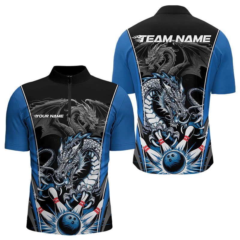 Custom Black And Blue Dragon Bowling Quarter-Zip Shirts For Men, Dragon Bowling Tournament Uniform IPHW8552
