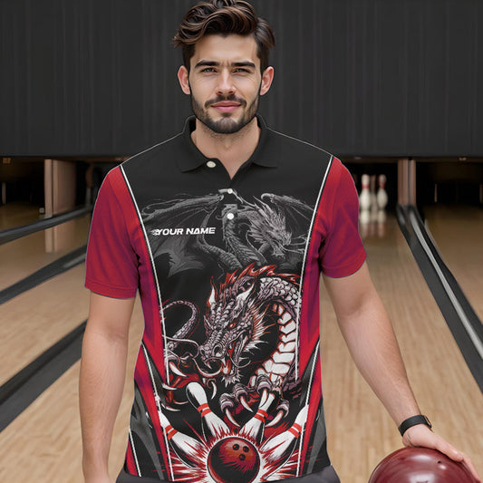 Custom Black And Red Dragon Bowling Polo Shirts For Men, Dragon Bowling Tournament Uniform IPHW8553