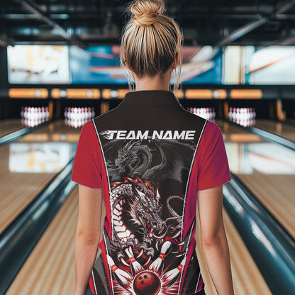 Custom Black And Red Dragon Bowling Polo Shirt For Women, Dragon Bowling Tournament Uniform IPHW8553