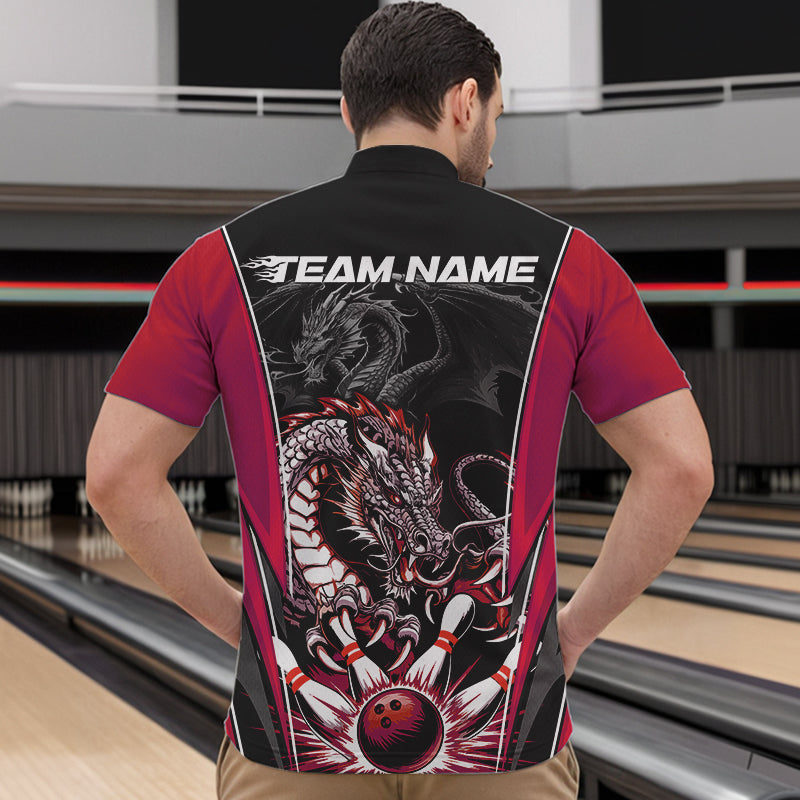 Custom Black And Red Dragon Bowling Quarter-Zip Shirts For Men, Dragon Bowling Tournament Uniform IPHW8553
