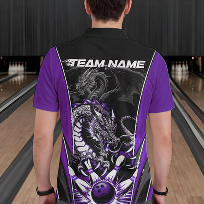 Custom Black And Purple Dragon Bowling Polo Shirts For Men, Dragon Bowling Tournament Uniform IPHW8554