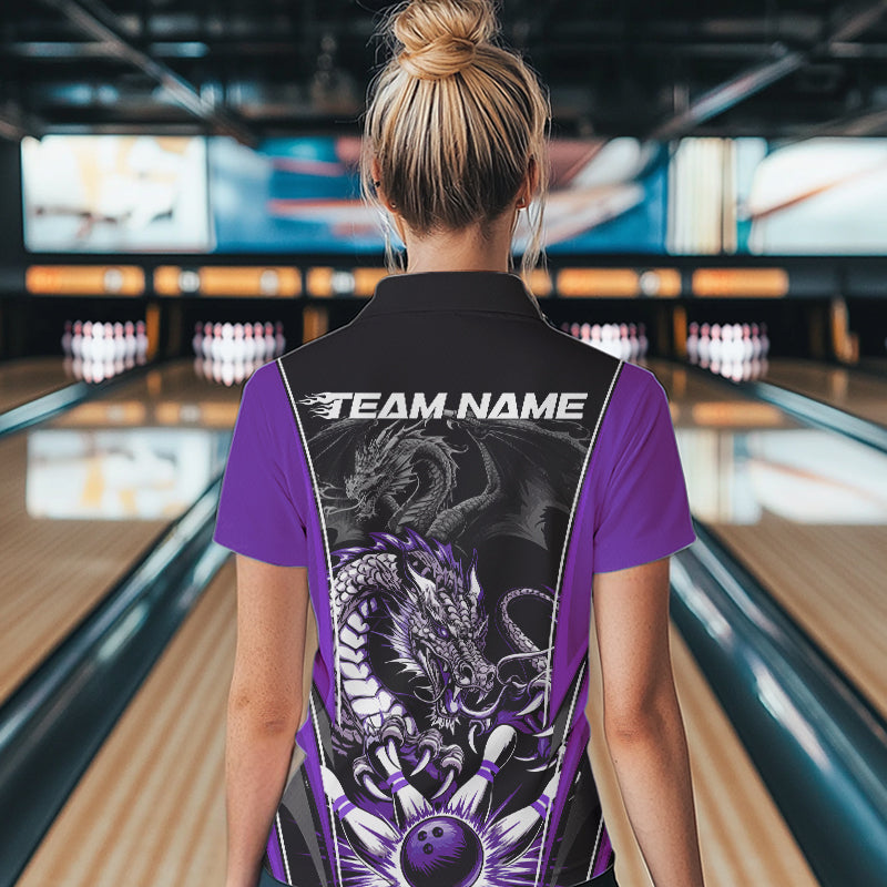 Custom Black And Purple Dragon Bowling Polo Shirt For Women, Bowling Tournament Uniform IPHW8554