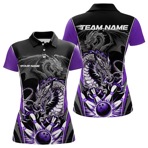 Custom Black And Purple Dragon Bowling Polo Shirt For Women, Bowling Tournament Uniform IPHW8554