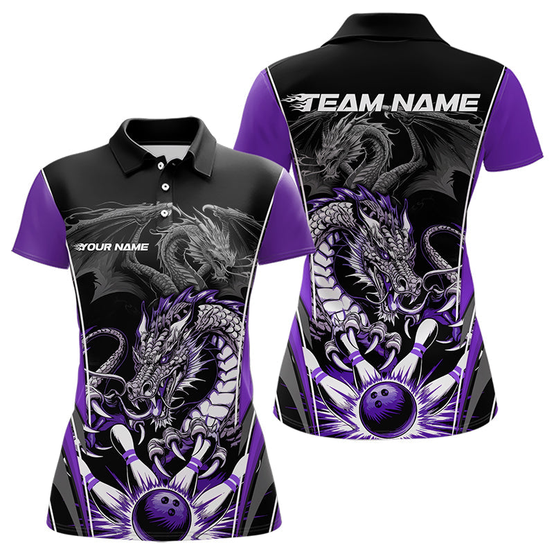 Custom Black And Purple Dragon Bowling Polo Shirt For Women, Bowling Tournament Uniform IPHW8554