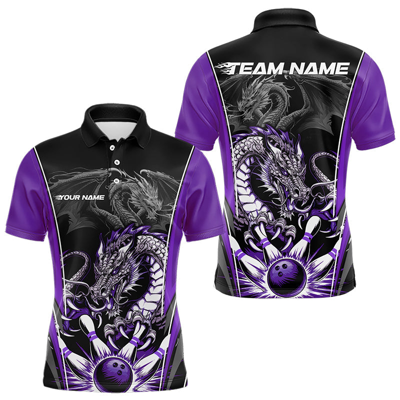 Custom Black And Purple Dragon Bowling Polo Shirts For Men, Dragon Bowling Tournament Uniform IPHW8554